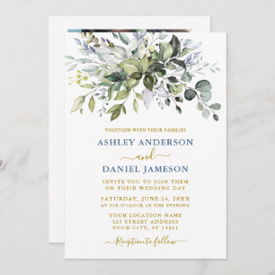 Aquarell Greenery Dusty Blue Gold Foto Hochzeit Einladung