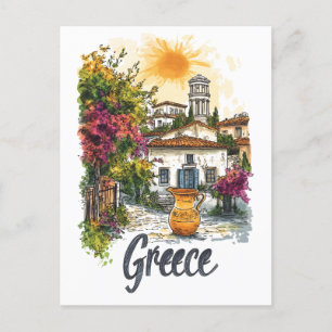 Aquarell Griechenland: Dorfbilder mit Blume Feiertagspostkarte