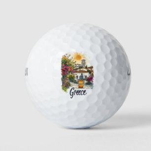 Aquarell Griechenland: Dorfbilder mit Blume Golfball