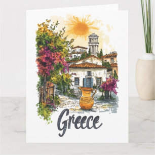Aquarell Griechenland: Dorfbilder mit Blume Karte