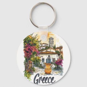 Aquarell Griechenland: Dorfbilder mit Blume Schlüsselanhänger
