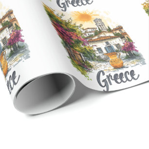 Aquarell Griechenland: Dorfszene mit Blumen Geschenkpapier