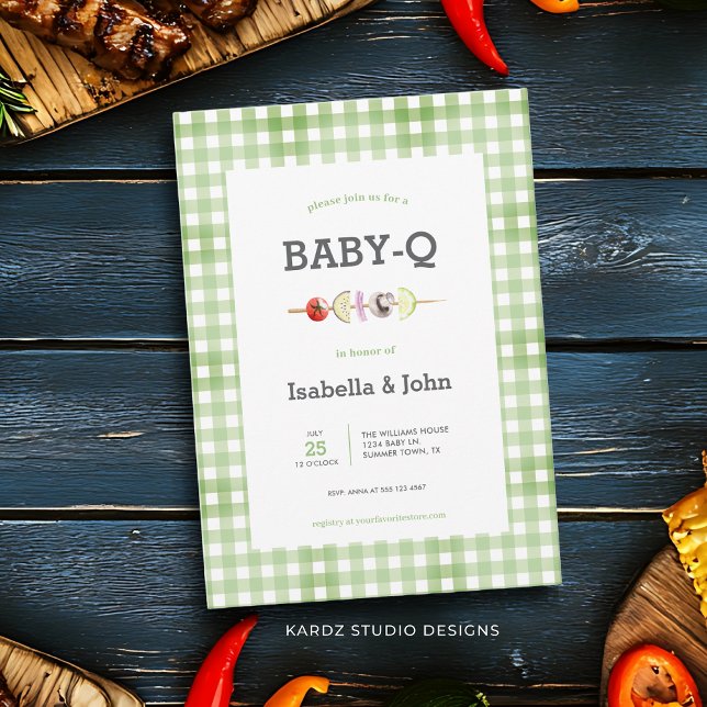Aquarell Grilldusche im Freien Einladung (This couples baby shower invitation with Baby Q theme is perfect for a summer shower celebration.)
