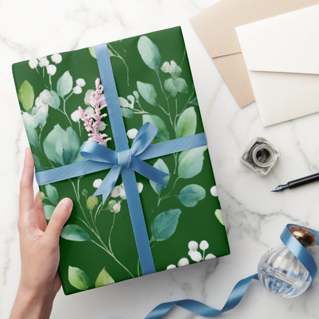 Aquarell Grün Blatt Weiß Blumenmuster Geschenkpapier (Schenken)