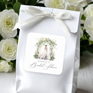 Aquarell-Grün-Blumen-Brautparty Quadratischer Aufkleber