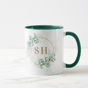Aquarell Grün Eukalyptus Gold Monogramm Hochzeit Tasse