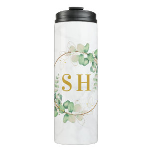Aquarell Grün Eukalyptus Gold Monogramm Hochzeit  Thermosbecher