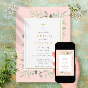 Aquarell-Grün für Taufe Christening Blush Rosa Einladung