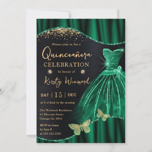 Aquarell Grün Gold Glitzer Kleid Quinceanera Einladung
