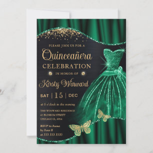 Aquarell Grün Gold Glitzer Kleid Quinceanera Einladung