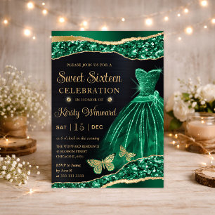 Aquarell Grün Gold Glitzer Kleid Sweet Sixteen Einladung