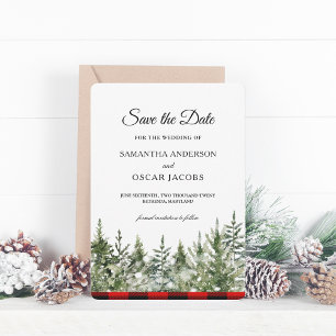 Aquarell Grün Kiefernbaum & Roter Büffel Karo Save The Date