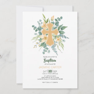 Aquarell-Grün-Kreuz-Blumen-Tauf-Einladung Einladung