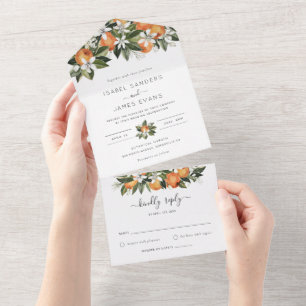 Aquarell-Grün Orange Blüten Moderne Hochzeit All In One Einladung