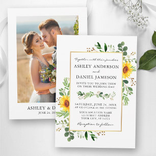 Aquarell Grün Sonnenblumen Gold Foto Hochzeit Einladung