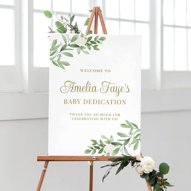 Aquarell-Grün-Taufe-Willkommen Poster (Botanical baby dedication welcome sign featuring watercolor greenery and white flowers. )