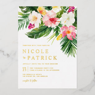 Aquarell-Grün und Blumen Tropische Hochzeit Folieneinladung