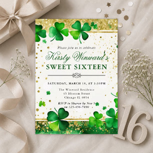 Aquarell Grün und Gold Kleeblatt Sweet Sixteen Einladung