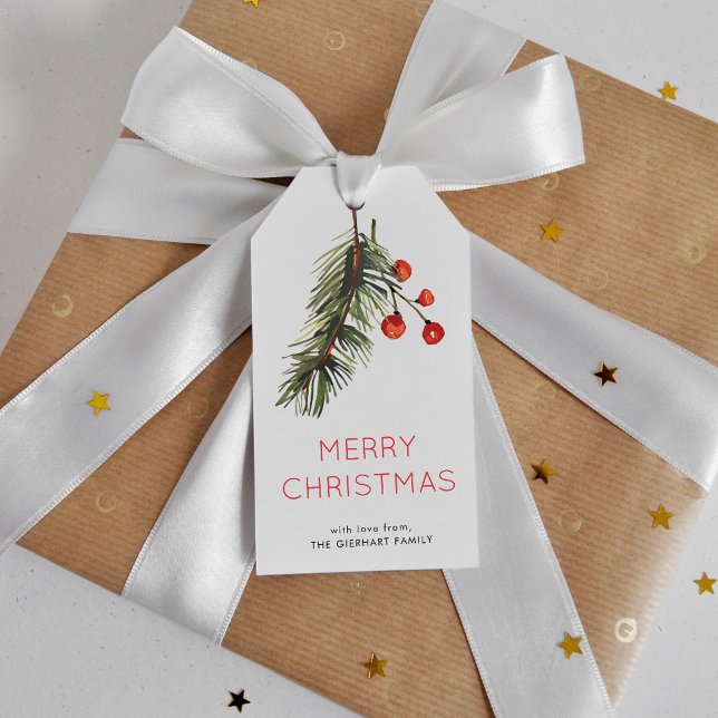 Aquarell Grün und Rote Pinien Weihnachten Geschenkanhänger (Pine and Berries Christmas Holidays Gift Tag)