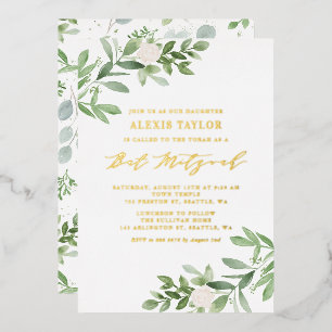 Aquarell Grün und weiße Blumen Bat Mitzwa Folieneinladung