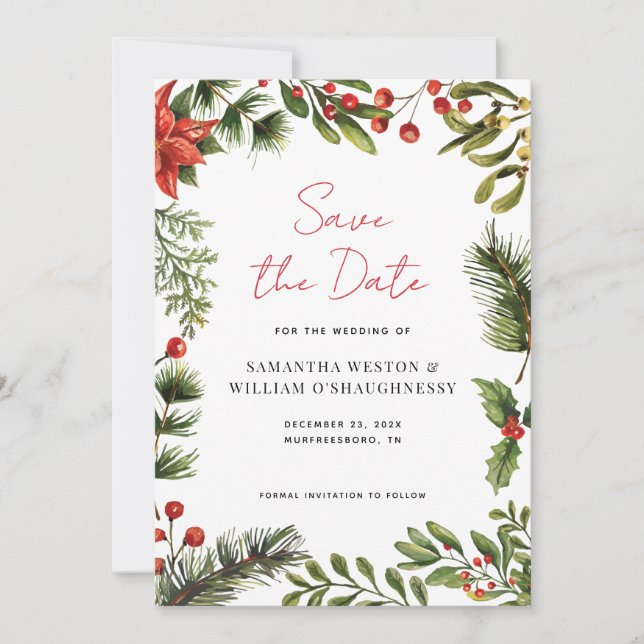 Aquarell-Grün-Weihnachtshochzeit Save The Date (Vorderseite)