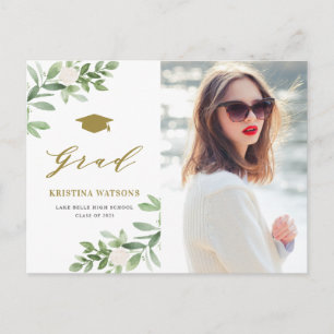 Aquarell Grün Weiß Blumen Abschluss Einladungspostkarte