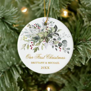 Aquarell Grüne Bergen Erste Weihnachtszeit Gold Keramik Ornament