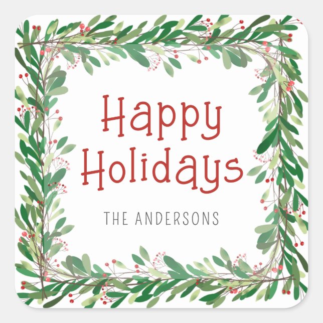 Aquarell Grüne Berries Happy Holidays Wreath Quadratischer Aufkleber (Vorderseite)
