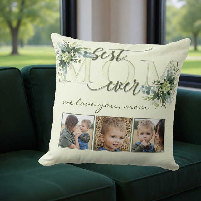 Aquarell Grüne Blätter Mama Foto Kissen (Pillow featuring a stylized Mom text with green watercolor leaves and your own photos - Mother's Day)