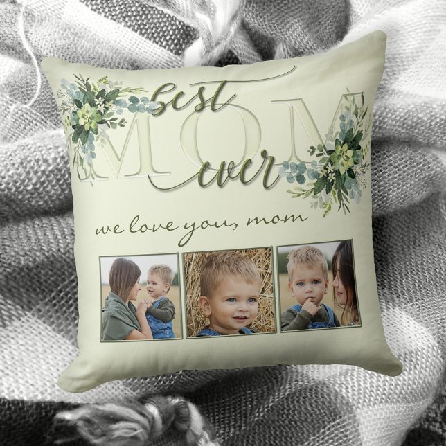 Aquarell Grüne Blätter Mama Foto Kissen (Pillow featuring a stylized Mom text with green watercolor leaves and your own photos - Mother's Day)
