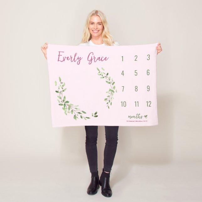Aquarell Grüne Blätter Pink Baby Meilenstein Fleecedecke (Beispiel)