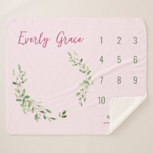 Aquarell Grüne Blätter Pink Baby Meilenstein Sherpadecke