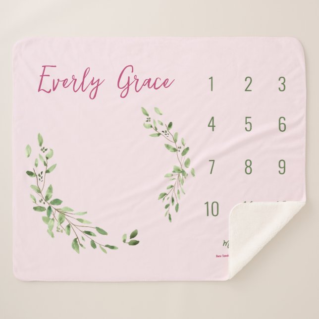 Aquarell Grüne Blätter Pink Baby Meilenstein Sherpadecke (Vorderseite (Horizontal))