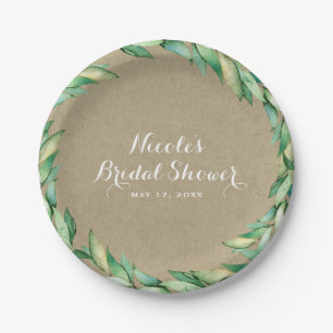 Aquarell-Grüne-Blätter-Rustikal-Kraft-Hochzeit Pappteller