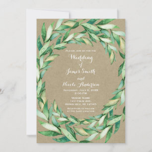 Aquarell Grüne Blätter Rustikale Kraft Hochzeit Einladung