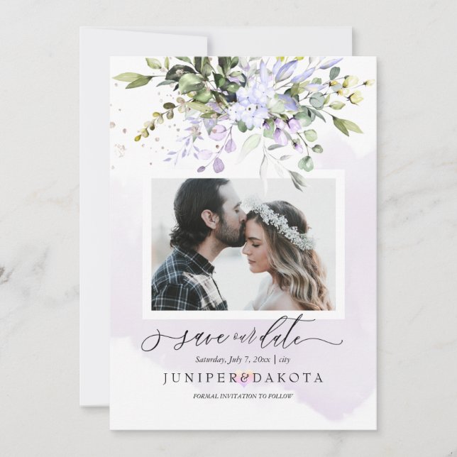 Aquarell Grüne Blush Pink Dusty Lila Einladung (Vorderseite)