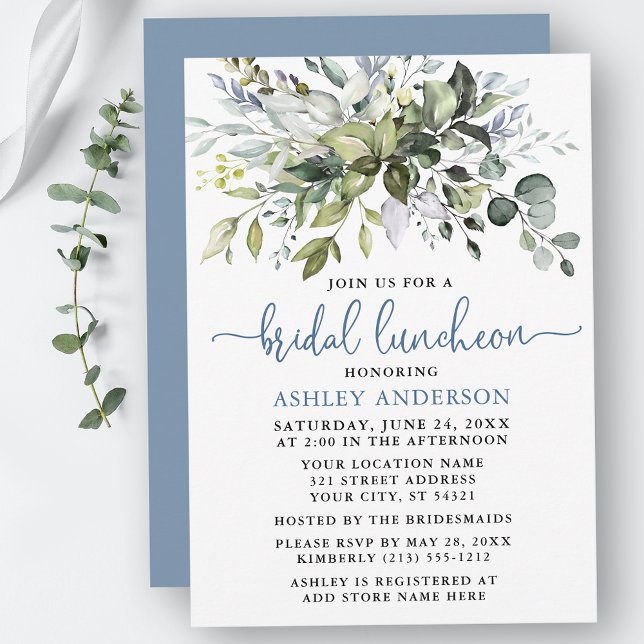 Aquarell Grüne Dusty Blue Bridal Luncheon Einladung (Customize to change your personalized text color, text style or color of back of card.)