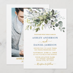 Aquarell Grüne Dusty Blue Gold Foto Hochzeit Einladung