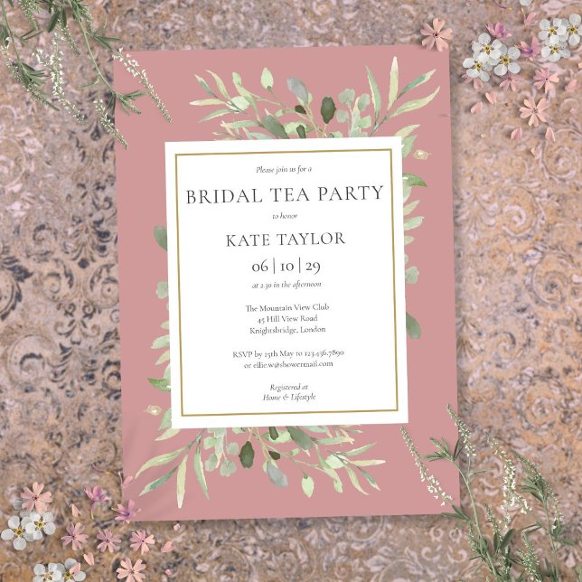 Aquarell Grüne Dusty Rose Bridal Teezeremonie auf  Einladung (Watercolor Greenery Dusty Rose Bridal Tea Party Invitation)