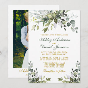 Aquarell Grüne Goldene Foto Hochzeit Einladung