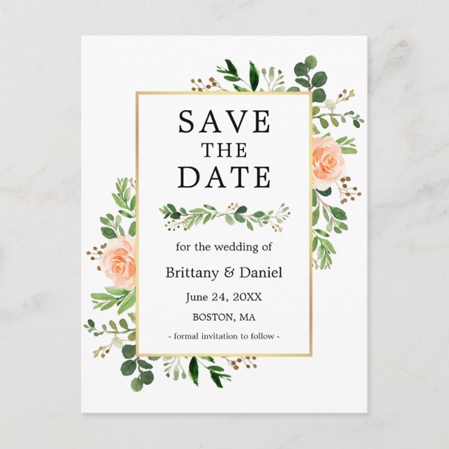 Aquarell Grüne Peach Floral Save the Date Postkarte (Vorderseite)
