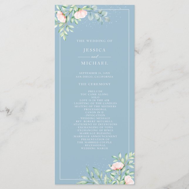 Aquarell Grüne Peach Rose Dusty Blue Wedding Programm (Vorderseite)