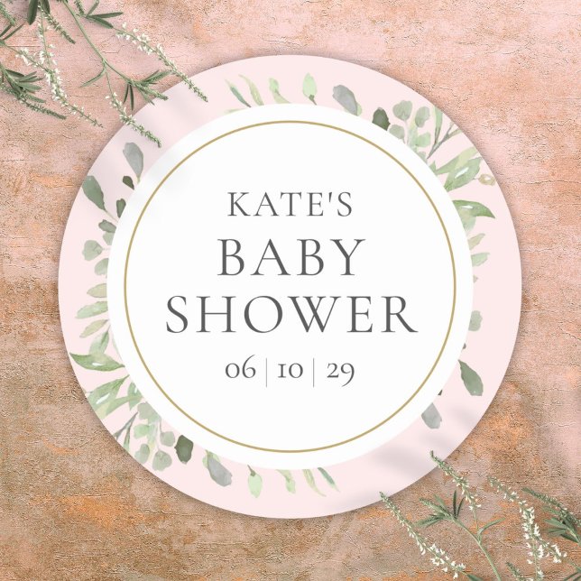 Aquarell Grüne Pink Girl Babydusche Runder Aufkleber (Watercolor Greenery Pink Girl Baby Shower Classic Round Sticker)
