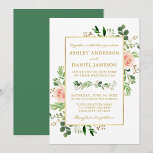 Aquarell Grüne Rosen Hochzeit Gold Einladung