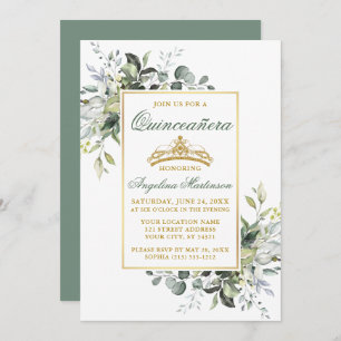 Aquarell Grüne Sage Green Gold Quinceanera Einladung