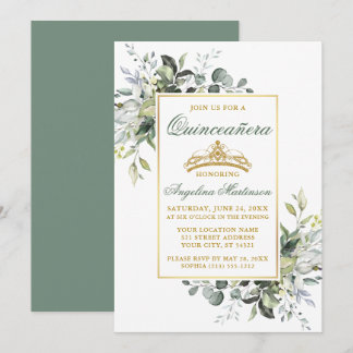 Aquarell Grüne Sage Green Gold Quinceanera Einladung