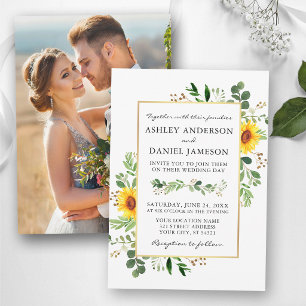 Aquarell Grüne Sonnenblumen Foto Zurück Hochzeit Einladung