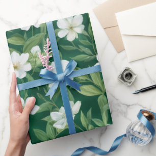 Aquarell Grünes Blatt Weißes Blumenmuster Geschenkpapier