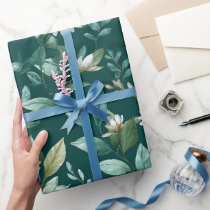 Aquarell Grünes Blatt Weißes Blumenmuster Geschenkpapier