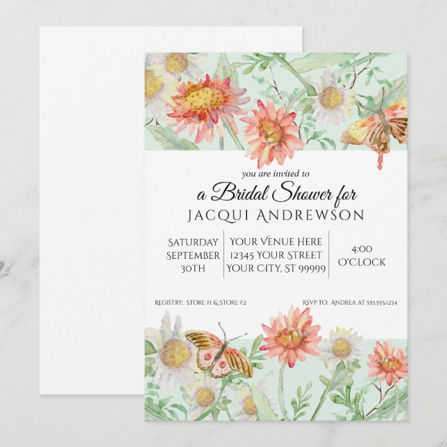 Aquarell Grünes Korallen Brautparty Einladung (Vorne/Hinten)